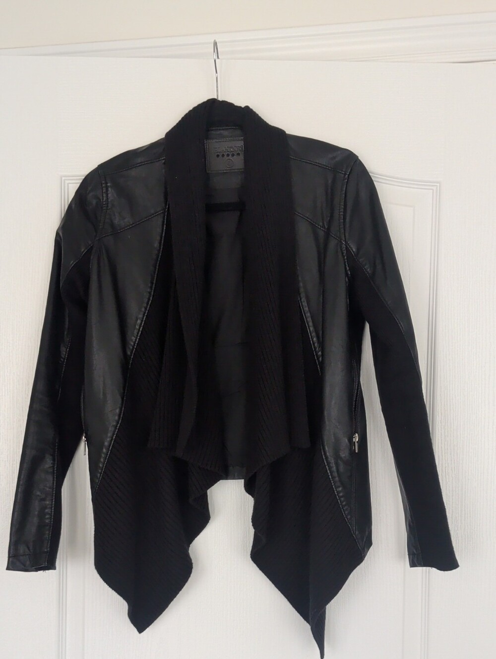 Blank NYC Black Faux Leather & Knit Draped Open Front Jacket
